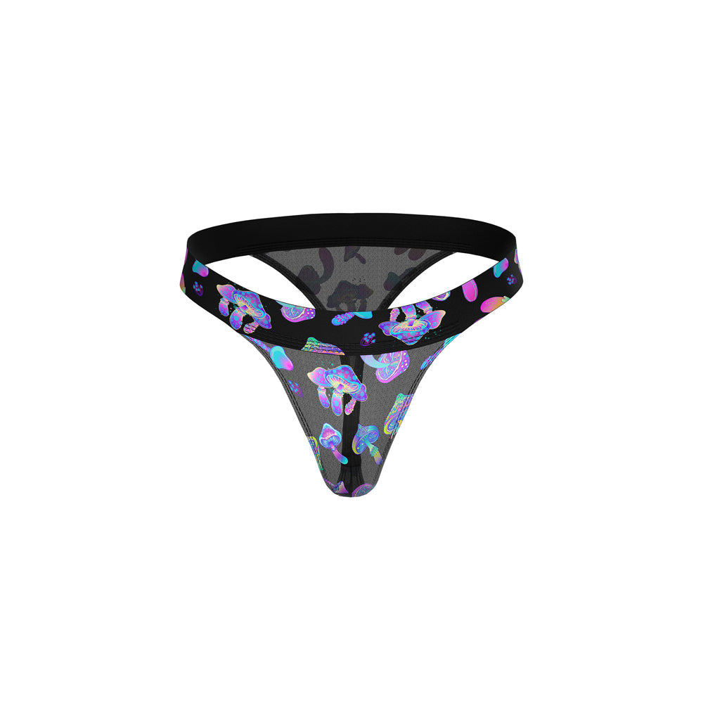 Male Power Hazy Dayz Micro Thong Mushrooms S/M in sheer mesh with colorful mushroom print on a black background.