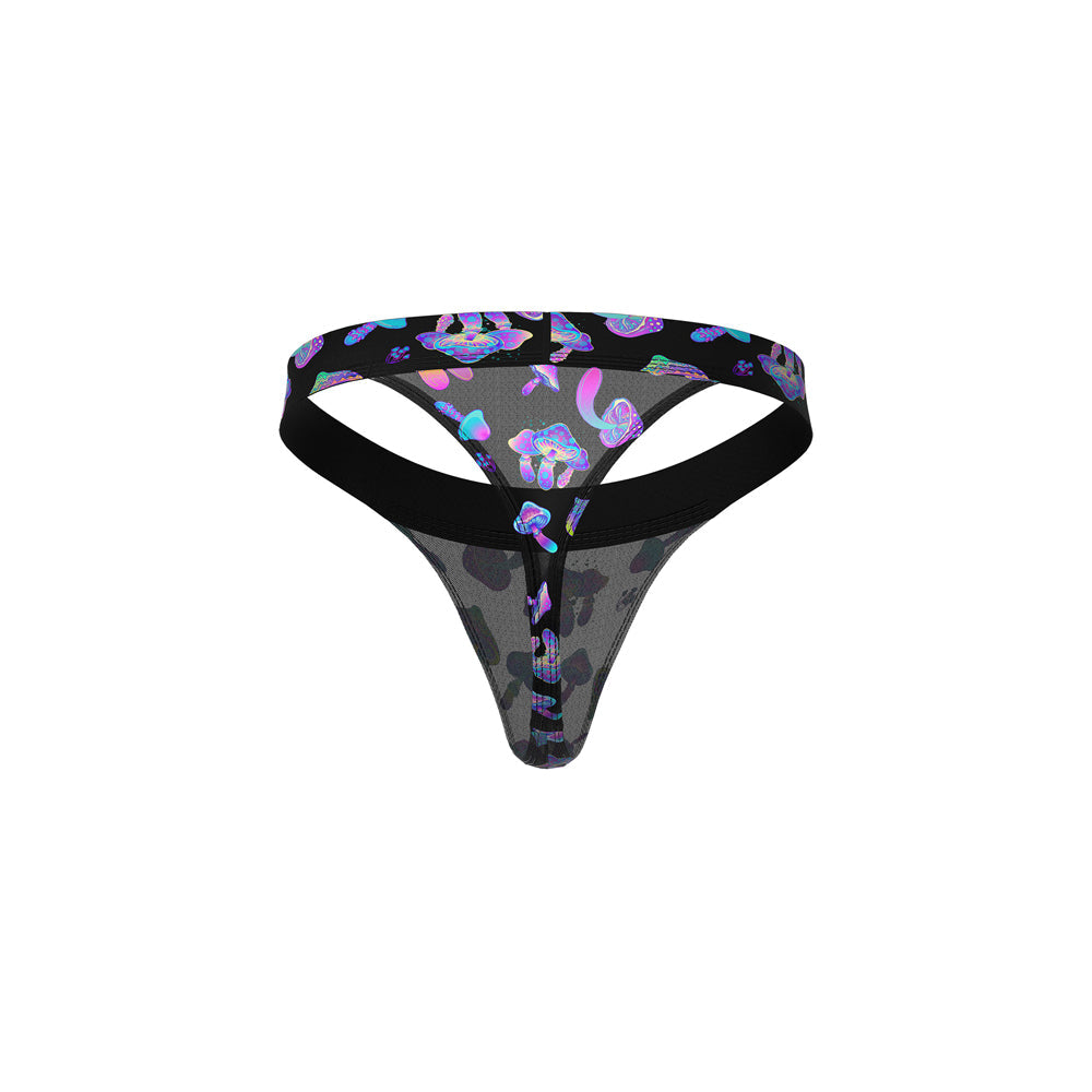 Male Power Hazy Dayz Micro Thong Mushrooms S/M featuring bright mushroom graphics on sheer mesh fabric.