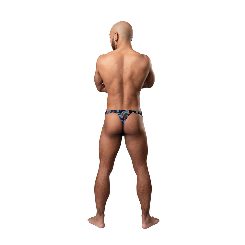 Male Power Hazy Dayz Micro Thong Mushrooms L/XL displayed on a male model from the back, showcasing vibrant mushroom print.