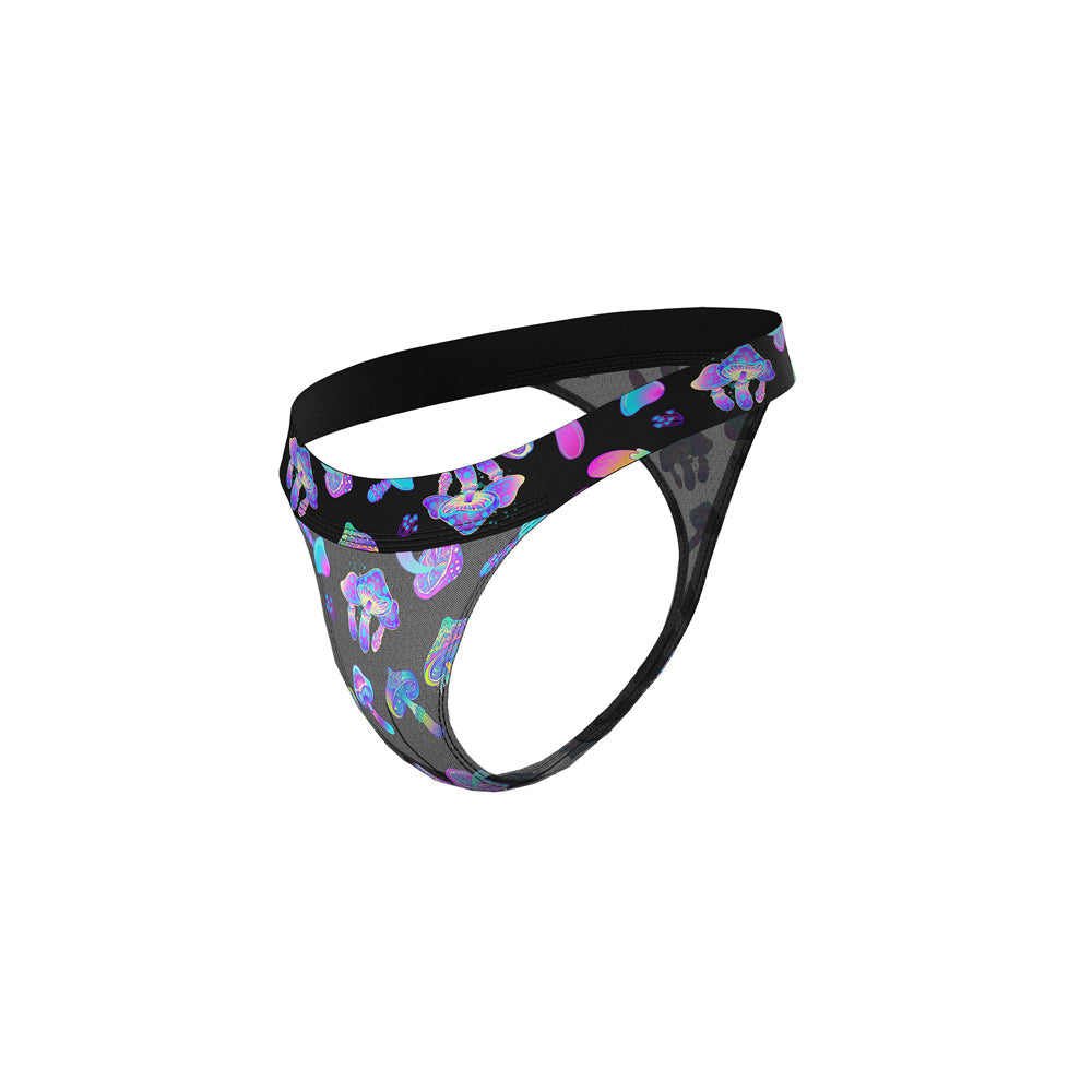Male Power Hazy Dayz Micro Thong Mushrooms L/XL featuring vibrant mushroom graphics on sheer mesh.