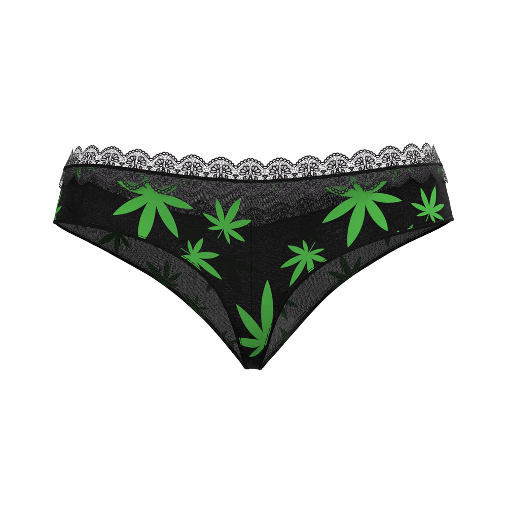 Magic Silk Hazy Dayz Boy Short Pot Leaf L/XL featuring a vibrant green pot leaf print on black mesh.