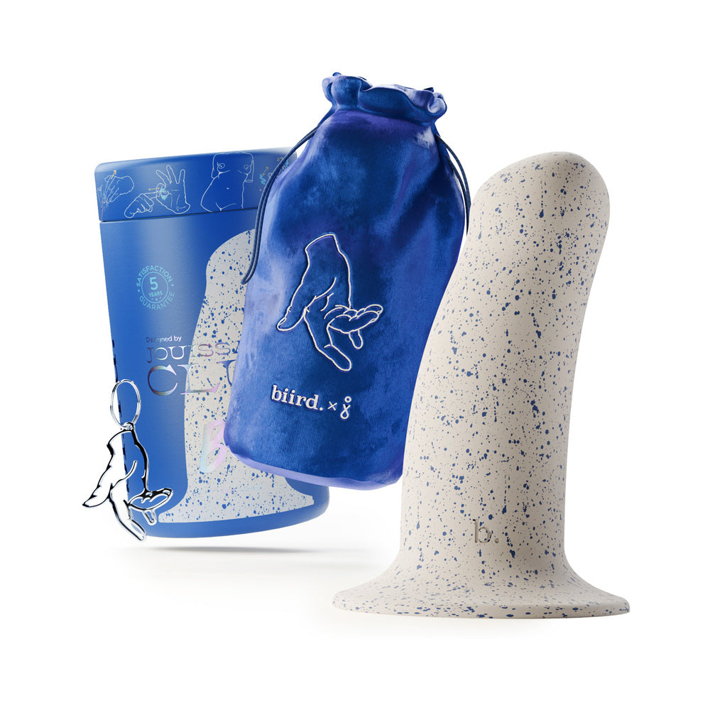 Biird Boo 5.5 Inch Soft Silicone Suction Cup Dildo Blue with packaging and storage bag displayed.