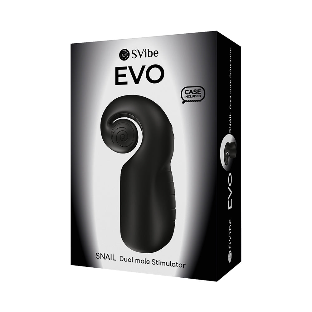 SVibe Snail Evo Dual Male Masturbator Black packaging with ergonomic design showcased.