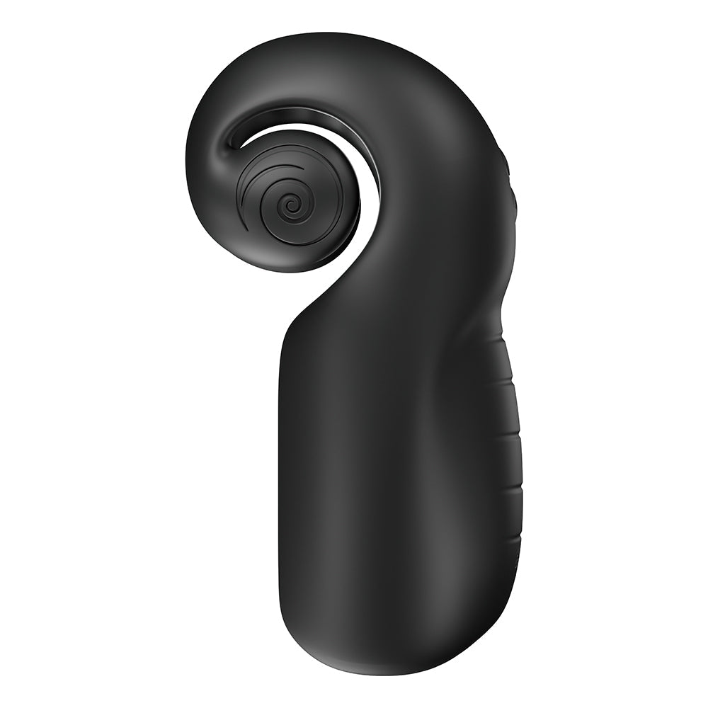 SVibe Snail Evo Dual Male Masturbator Black side view showcasing its ergonomic design and waterproof features.