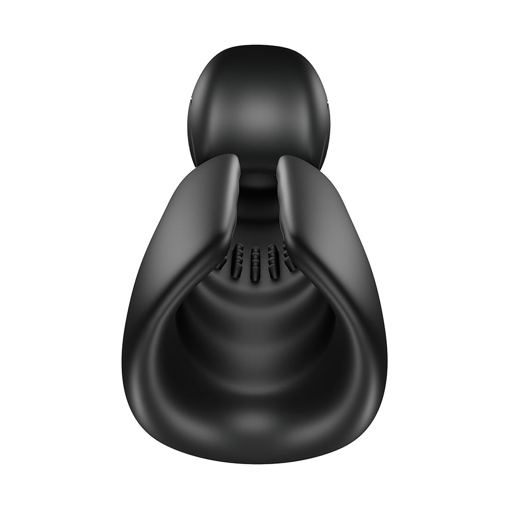 Top view of SVibe Snail Evo Dual Male Masturbator Black showcasing its ergonomic unrolling design.