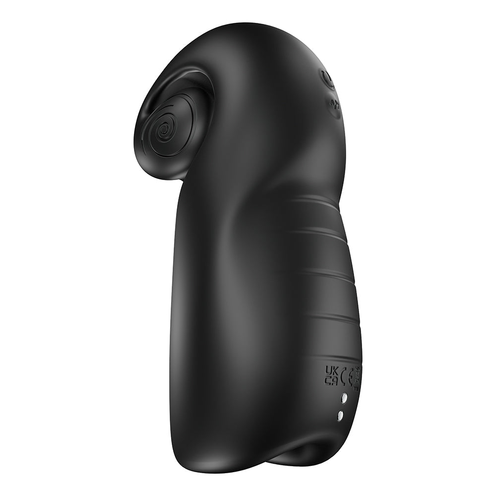 SVibe Snail Evo Dual Male Masturbator Black side view showcasing its ergonomic design and button controls.