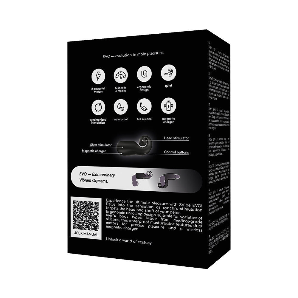 SVibe Snail Evo Dual Male Masturbator Black product packaging showcasing features and instructions.