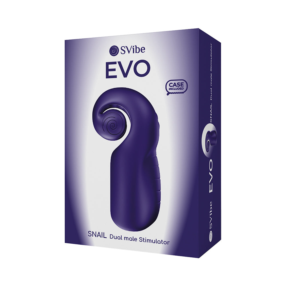 SVibe Snail Evo Dual Male Masturbator Navy packaging with ergonomic design and waterproof features.