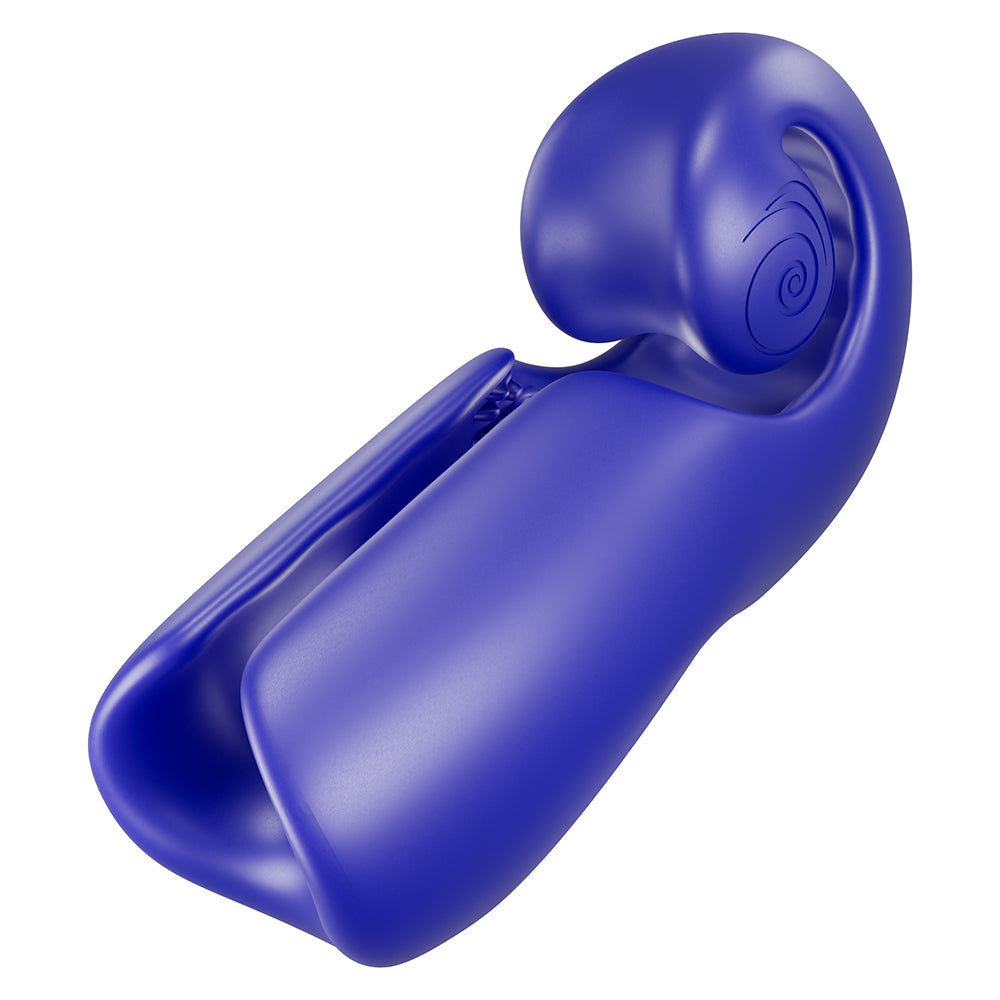 SVibe Snail Evo Dual Male Masturbator Navy in a sleek blue design showcasing its ergonomic features.