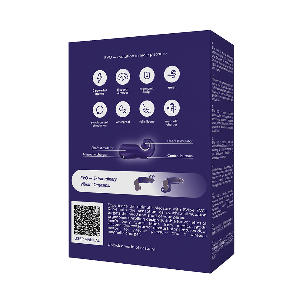 SVibe Snail Evo Dual Male Masturbator Navy packaging showcasing features and design.
