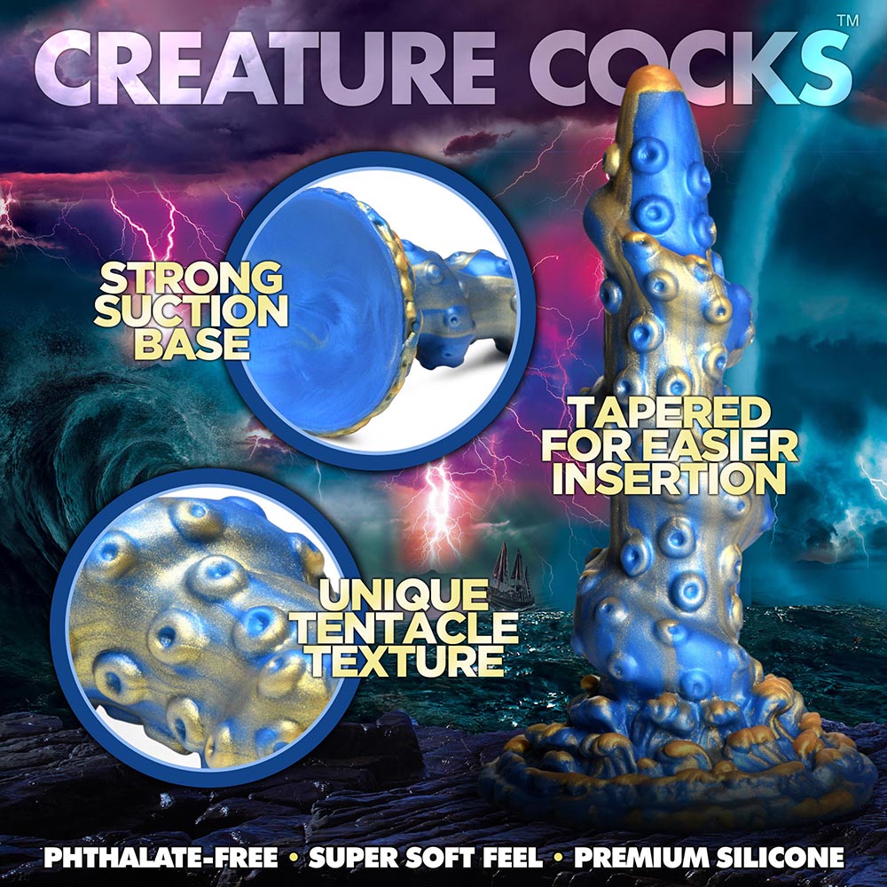 Creature Cocks Kraken Silicone Dildo featuring strong suction base, unique tentacle texture, and tapered design for easier insertion.