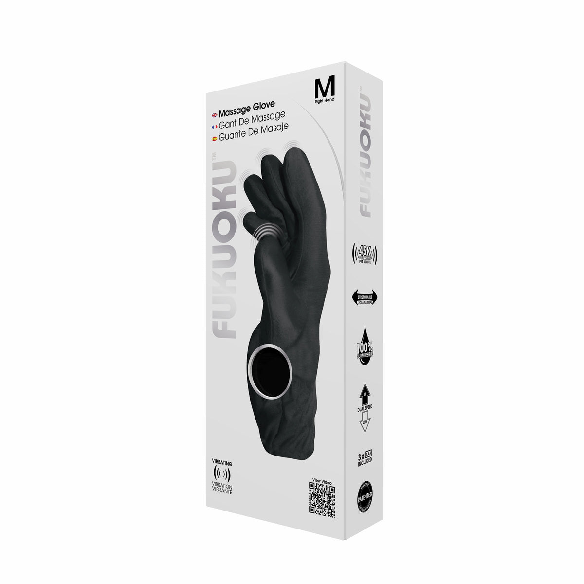 Fukuoku Vibrating Massage Glove Right Hand Medium Black packaging showing the glove design and features.