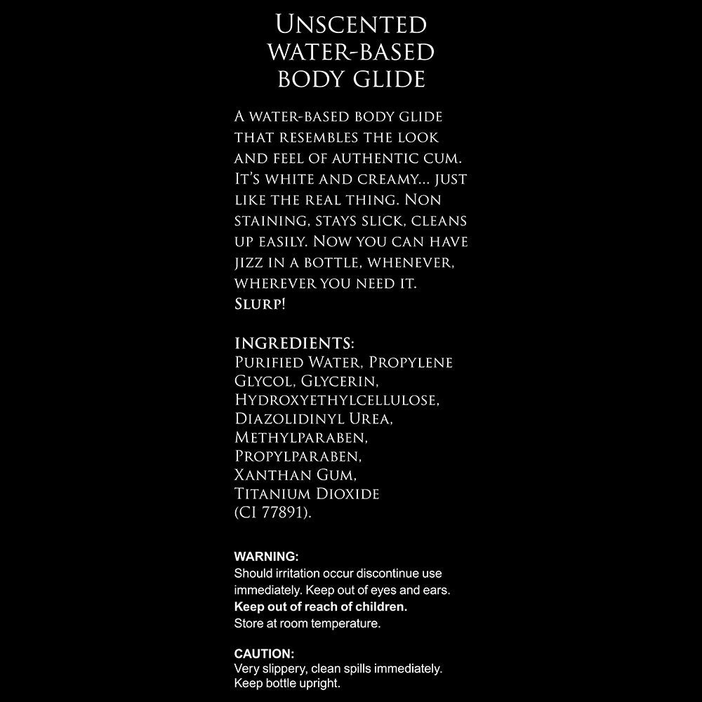 Master Series Unscented Water-Based Jizz Lubricant 34 Oz information and ingredients list.