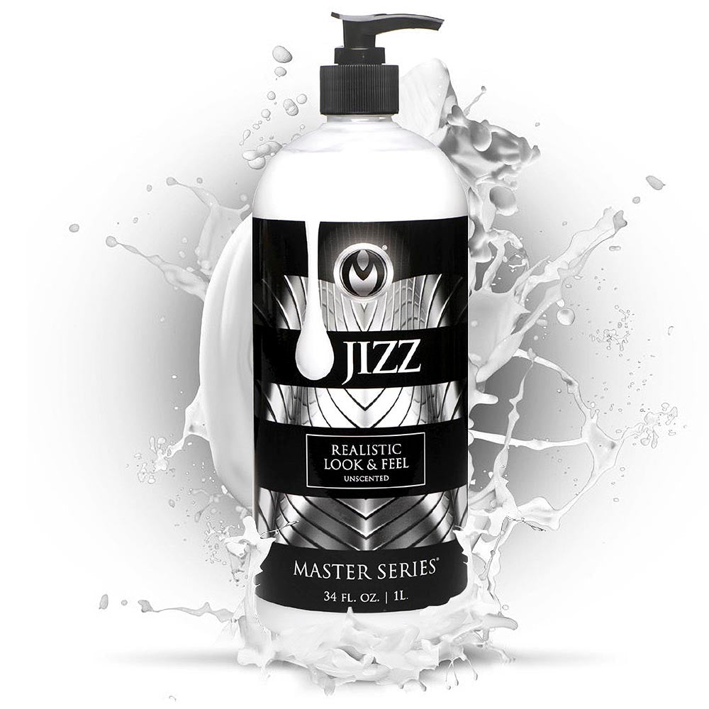 Master Series Unscented Water-Based Jizz Lubricant 34 Oz bottle with splash effect