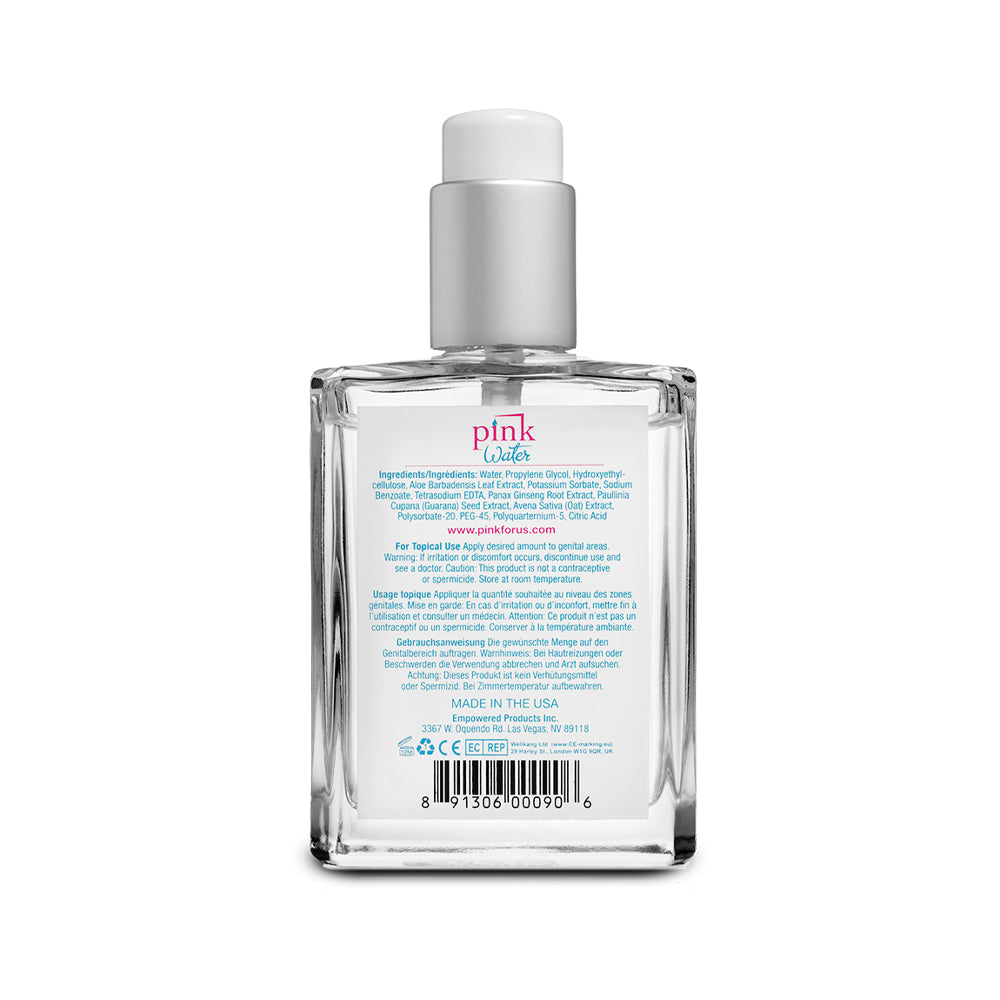 Back view of Pink Water-Based Lubricant 4 Oz Glass Bottle showing product details and ingredients.