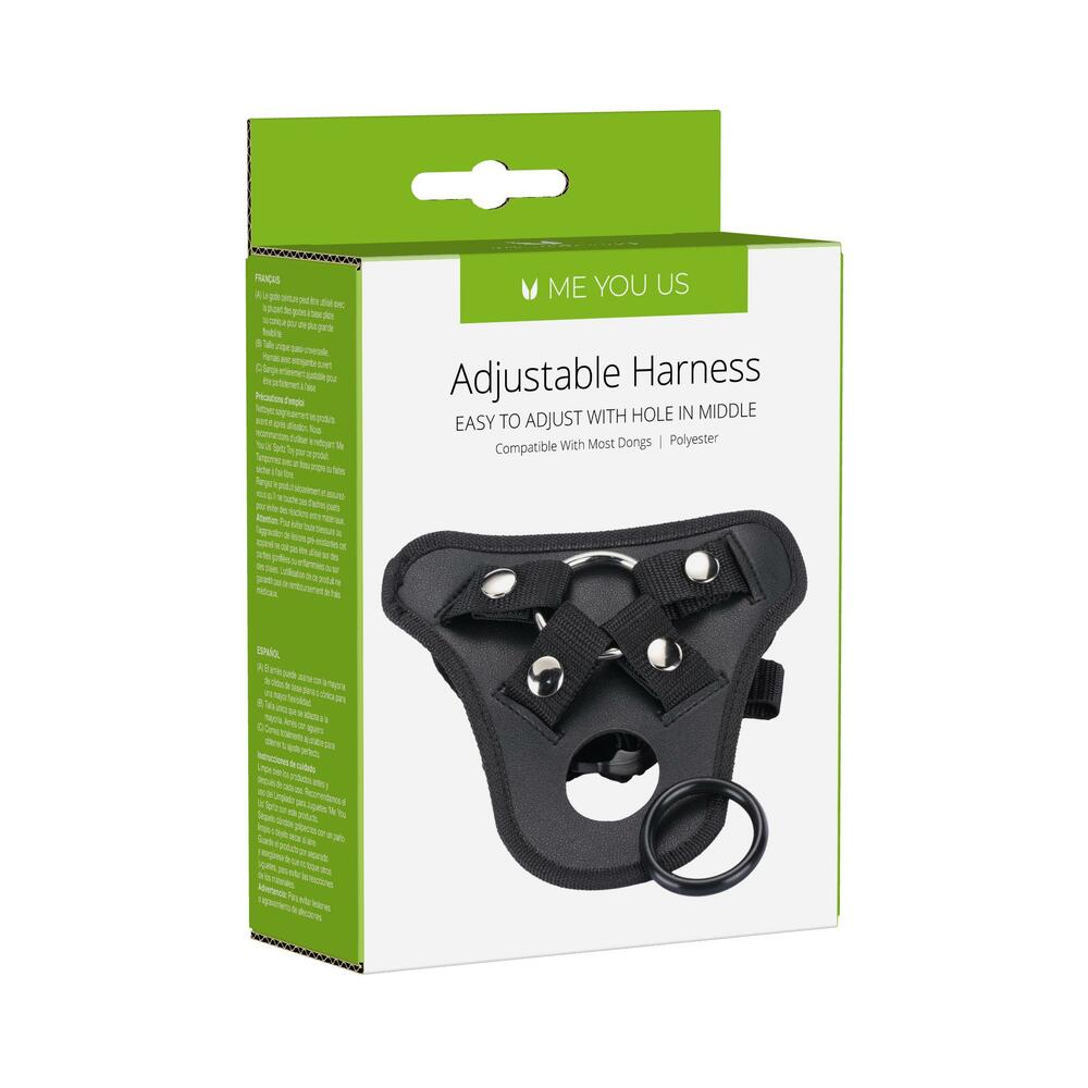 Me You Us Adjustable Strap-On Harness Black packaging showcasing an adjustable harness for comfortable strap-on play.