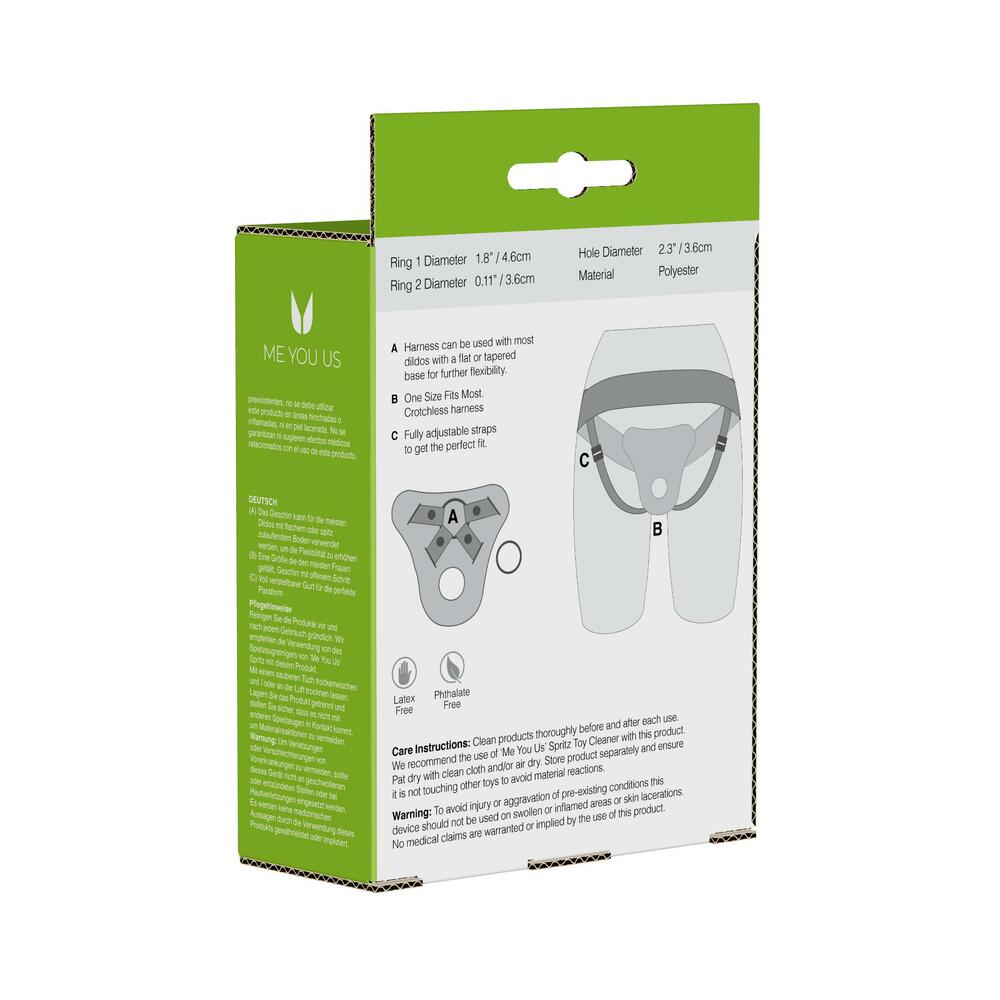 Me You Us Adjustable Strap-On Harness Black packaging with size and material details.
