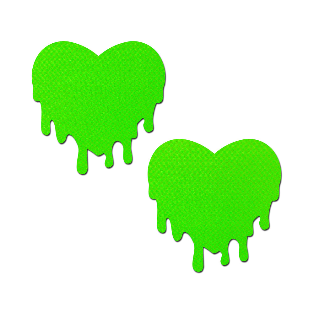 Pastease Neon Green Melty Heart Nipple Pasties in glittery bright green with a dripping design.