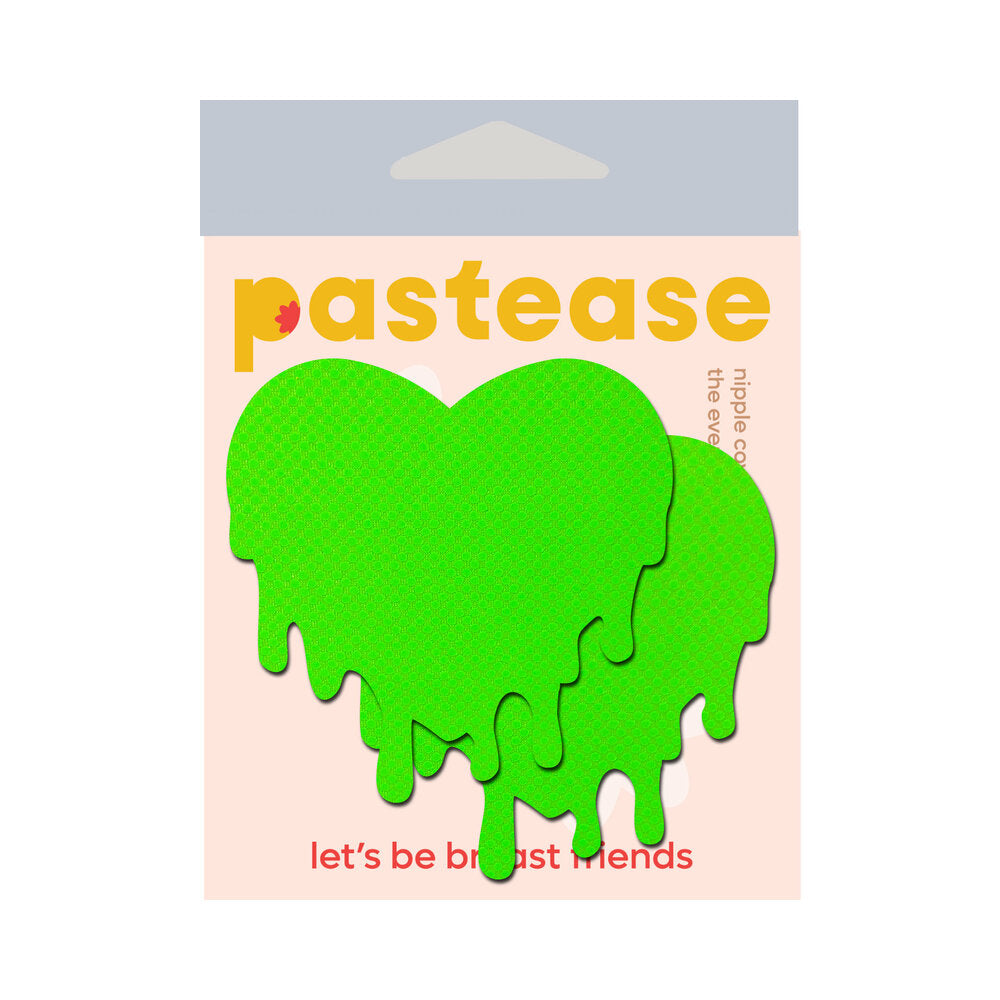 Pastease Neon Green Melty Heart Nipple Pasties in packaging, featuring a bright green glittery design.