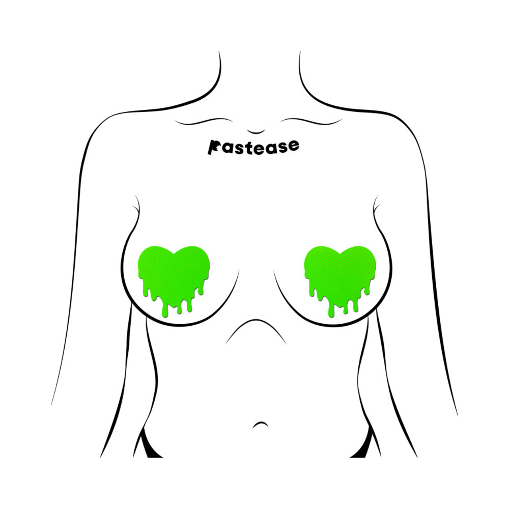 Pastease Neon Green Melty Heart Nipple Pasties on a stylized figure, showcasing playful neon green heart design.