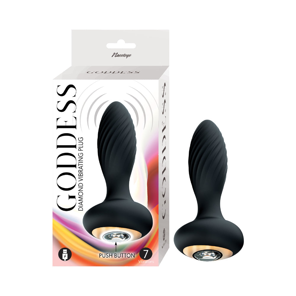 Nasstoys Goddess Diamond Vibrating Anal Plug Black packaging with light-up feature and seven vibration settings.