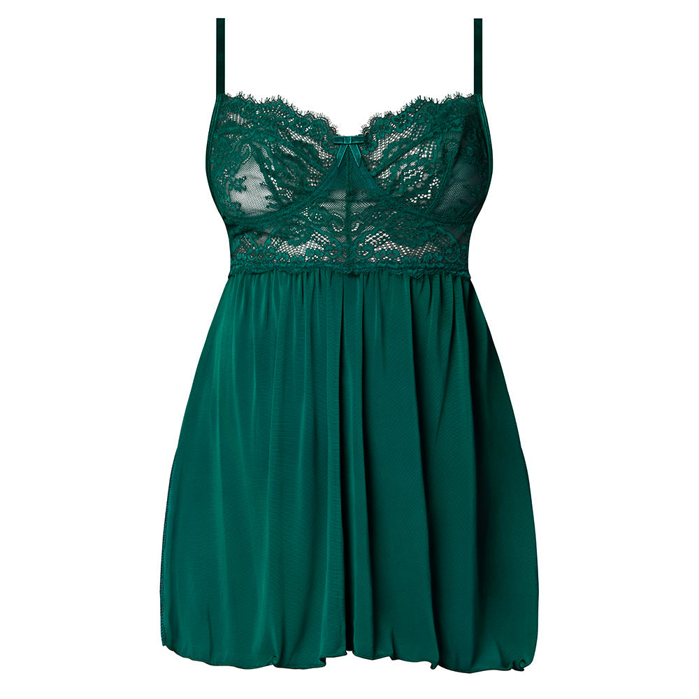 Magic Silk Evermore Babydoll & Panty Set Emerald Queen features a sheer emerald mesh and lace babydoll.