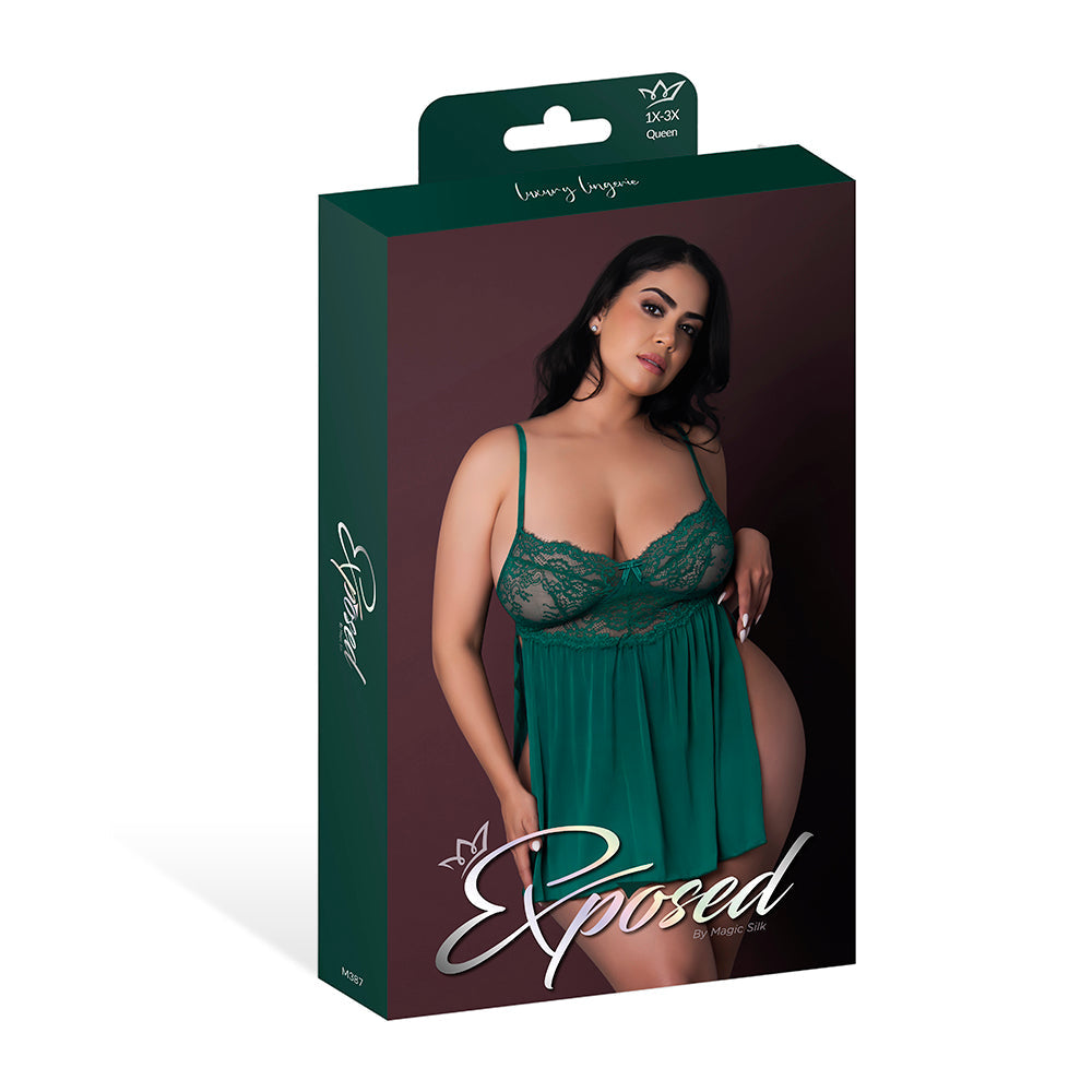 Magic Silk Evermore Babydoll & Panty Set Emerald Queen packaging featuring green lace and mesh lingerie.