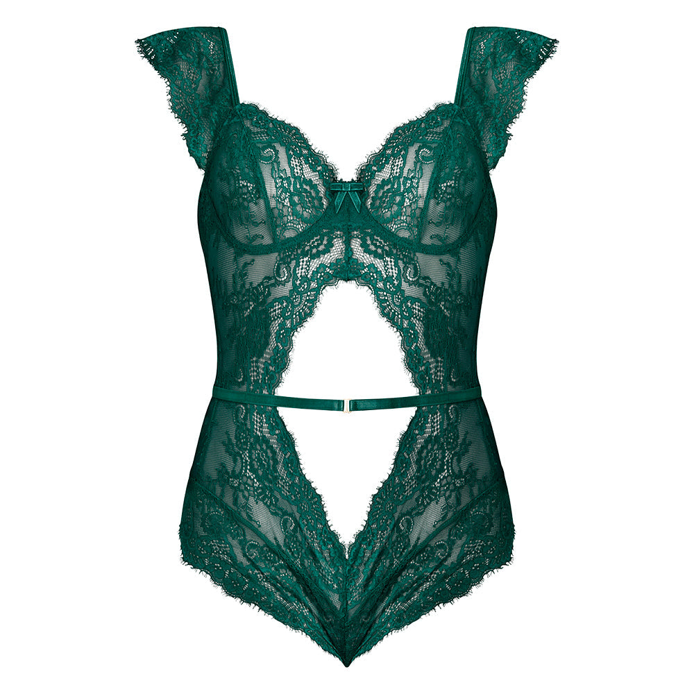Magic Silk Evermore Cutout Romper Emerald S/M featuring intricate lace and playful cutouts in a stunning emerald green.
