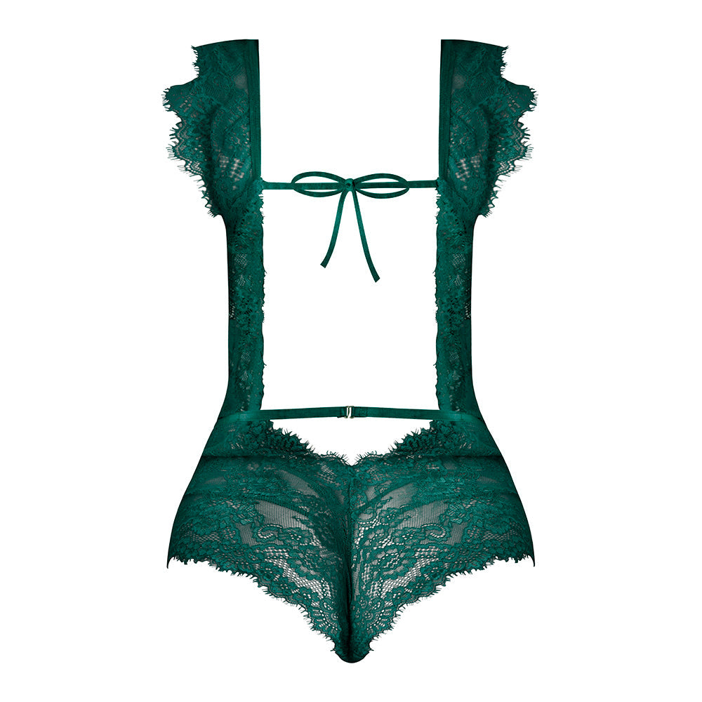 Magic Silk Evermore Cutout Romper Emerald S/M in emerald green with delicate lace and playful cutouts.