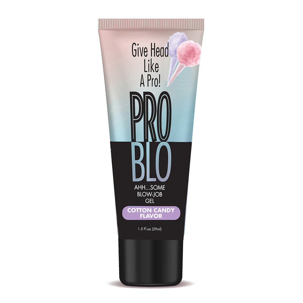 Pro Blo Oral Pleasure Gel Cotton Candy 1.5 Oz tube with cotton candy flavor design and marketing text.