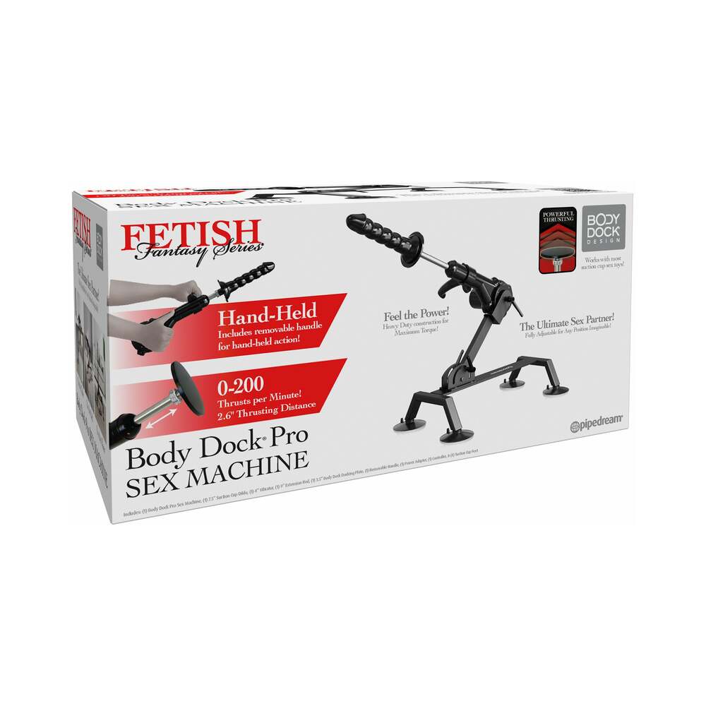 Fetish Fantasy Series Body Dock Sex Machine packaging displaying features and handheld operation.