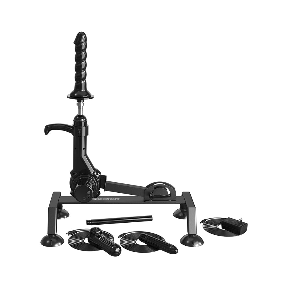 Fetish Fantasy Series Body Dock Sex Machine with adjustable thrusting device and suction cup accessories.