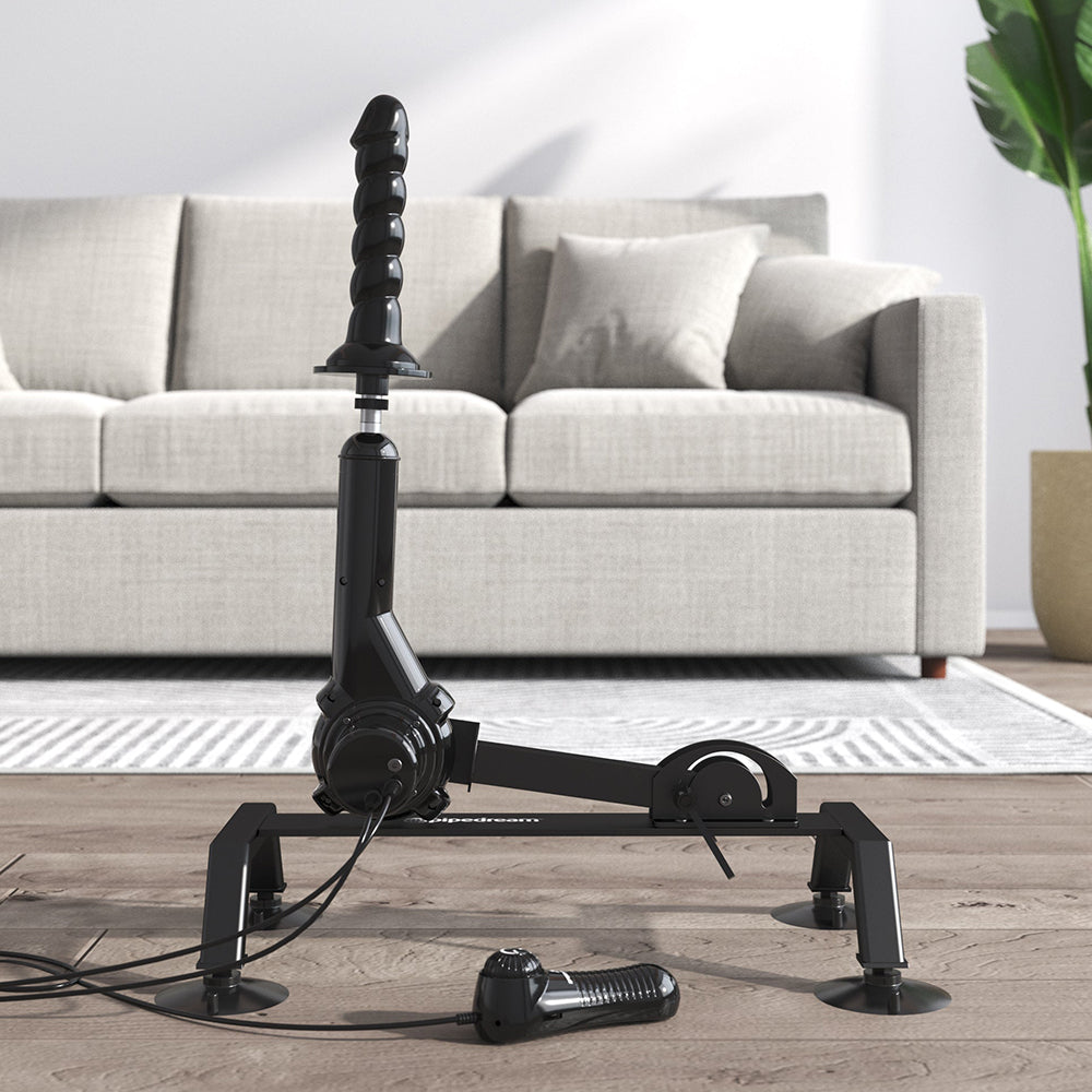 Fetish Fantasy Series Body Dock Sex Machine displayed in a living room with modern furniture and a stable base for secure use.