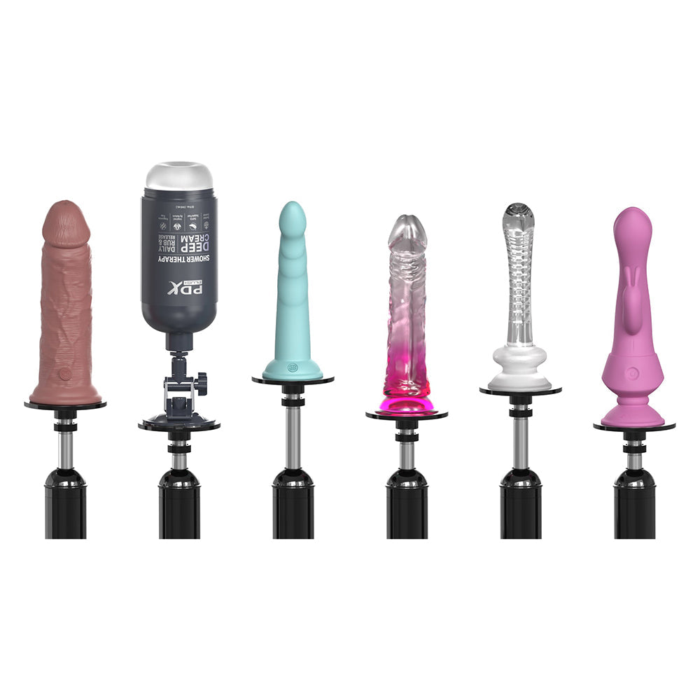 Fetish Fantasy Series Body Dock Sex Machine with various interchangeable attachments displayed.