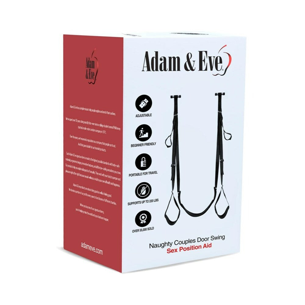 Adam & Eve Naughty Couples Door Swing Sex Position Aid packaging showing adjustable and portable features for couples.