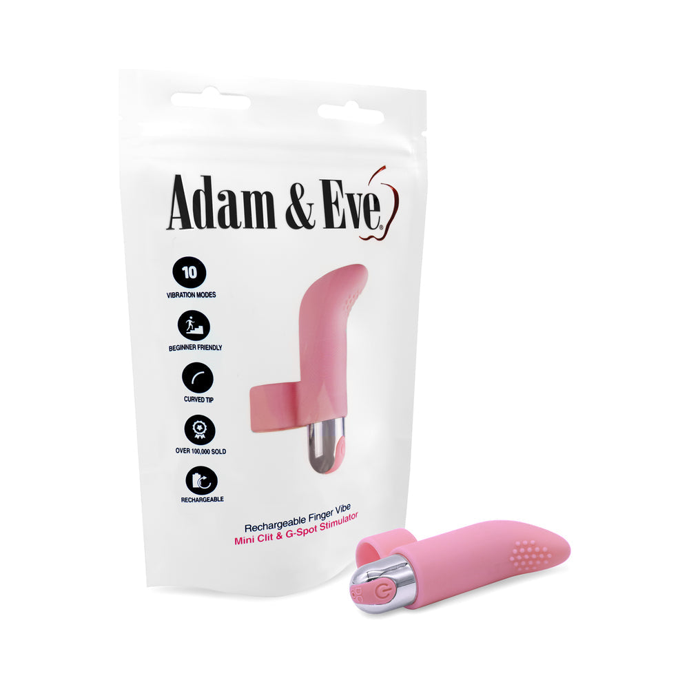 Adam & Eve Silicone Rechargeable Finger Vibe with packaging and product, featuring 10 vibration modes for targeted stimulation.
