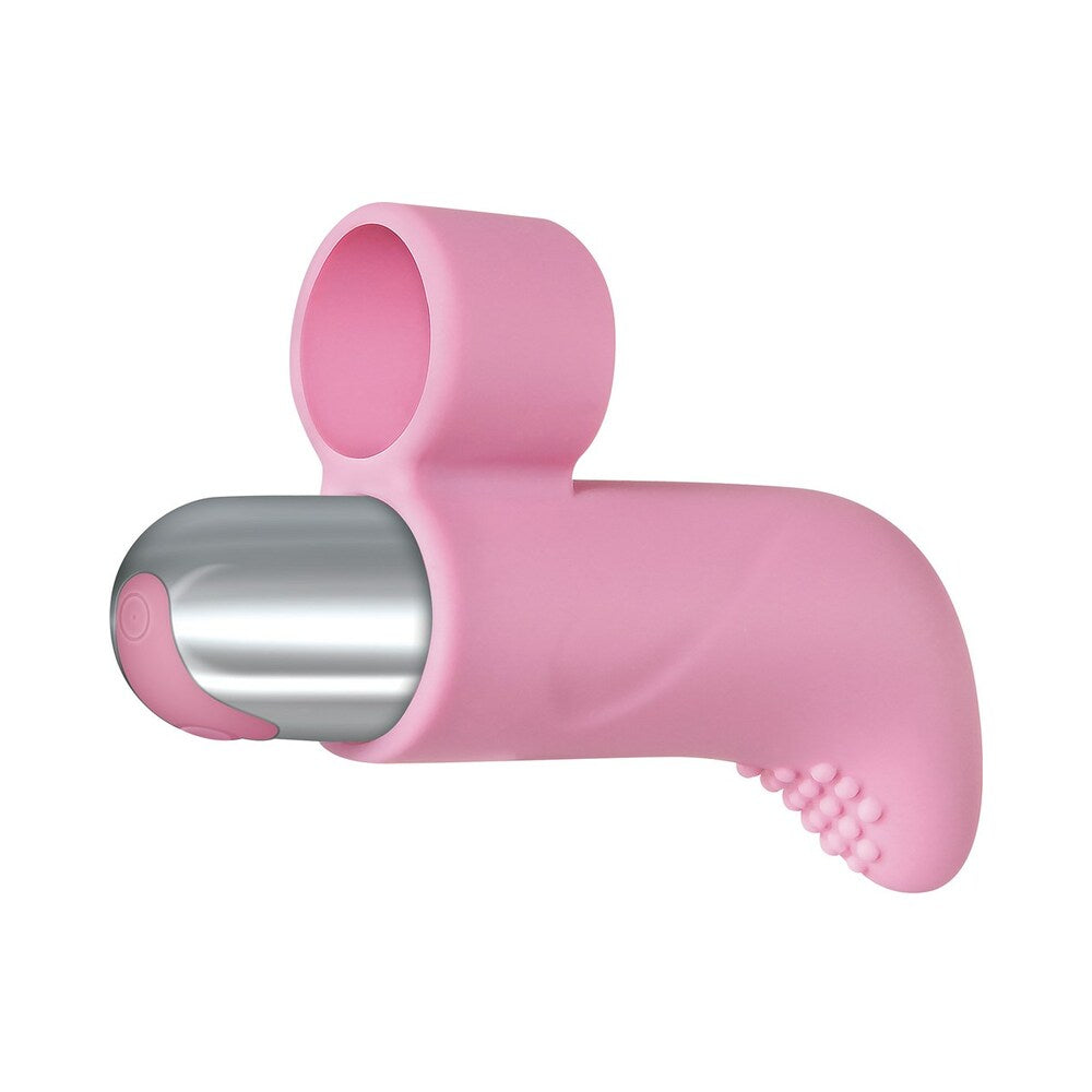 Adam & Eve Silicone Rechargeable Finger Vibe in pink with curved tip for targeted stimulation.