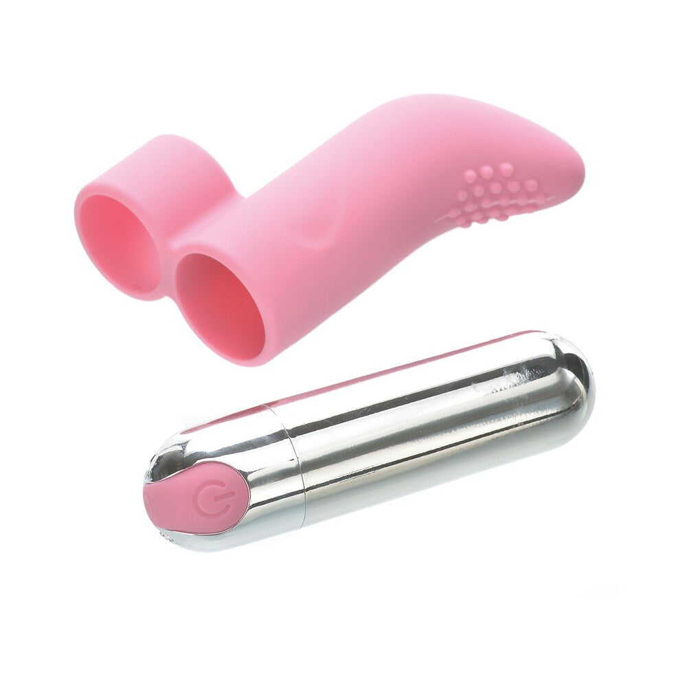 Adam & Eve Silicone Rechargeable Finger Vibe in pink with nubbed tip and silver bullet, ideal for targeted stimulation.