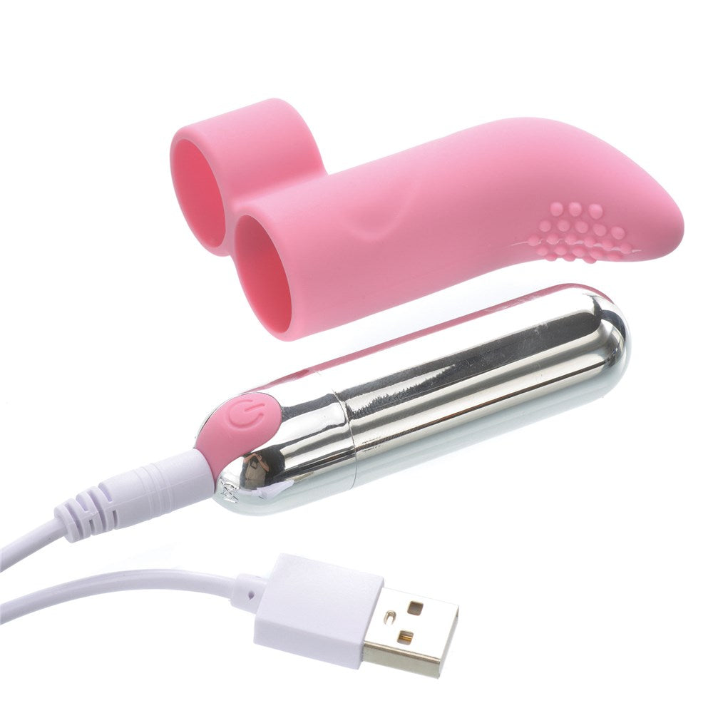 Adam & Eve Silicone Rechargeable Finger Vibe in pink, with a USB charging cable, designed for focused stimulation.