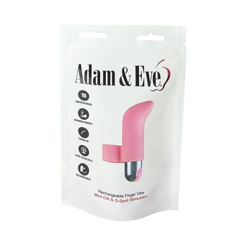 Adam & Eve Silicone Rechargeable Finger Vibe packaging showcasing curved tip and ten vibration modes for versatile stimulation.