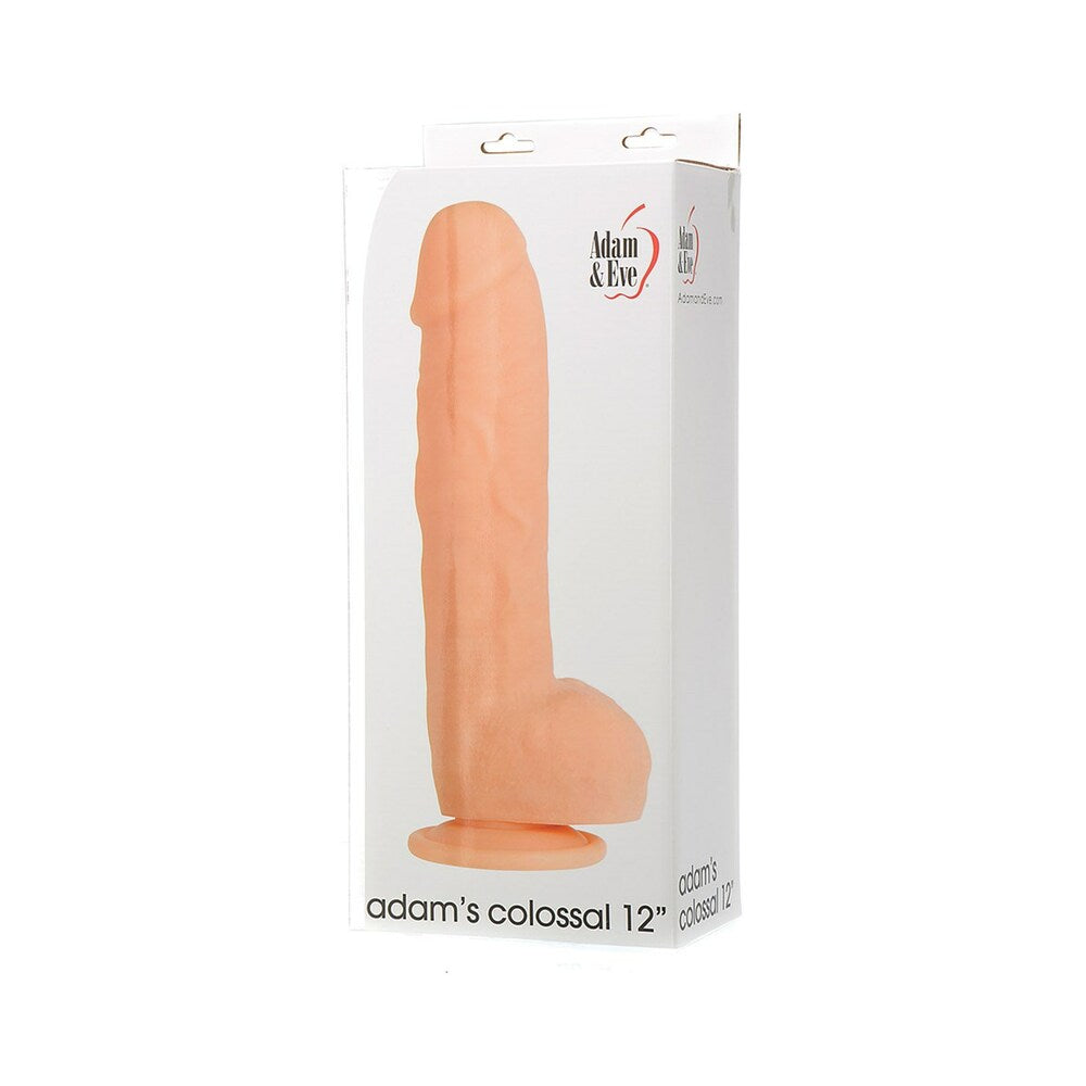 Adam & Eve Adam's Colossal 12 Inch Dildo Beige packaging featuring natural skin tone dildo and brand details.