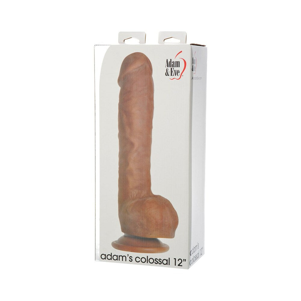 Adam & Eve Adam's Colossal 12 Inch Dildo Brown packaging view showcasing its realistic design and notable size.