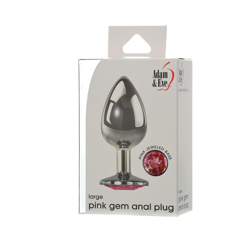 Adam & Eve Pink Gem Anal Plug Large packaging displaying polished aluminum design and pink jewel base.