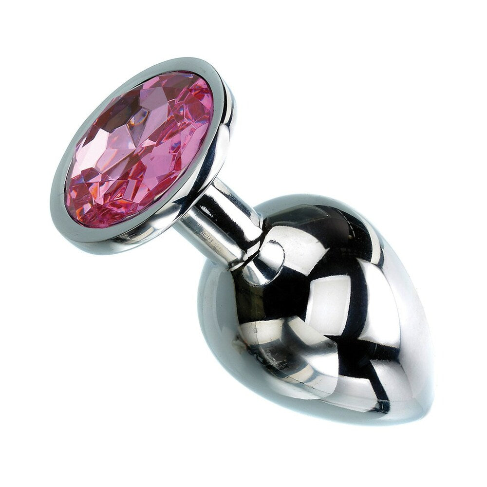 Adam & Eve Pink Gem Anal Plug Large with polished aluminum and pink gem design.