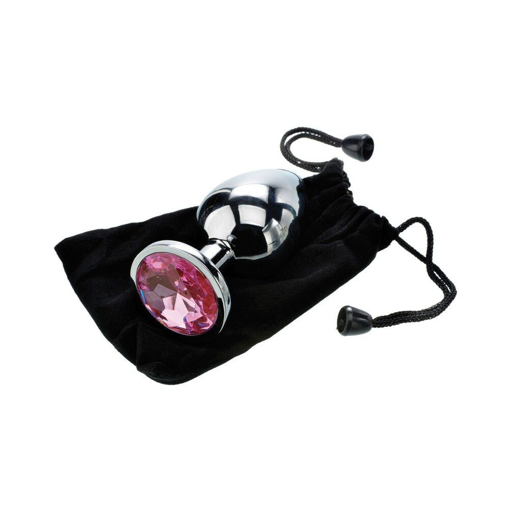 Adam & Eve Pink Gem Anal Plug Large with pink gem and pouch for storage.