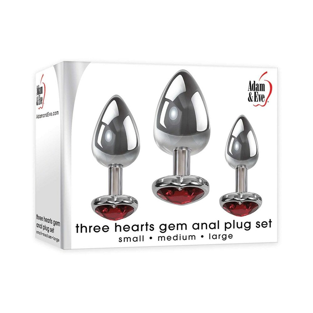 Adam & Eve Three Hearts Gem Anal Plug Set featuring small, medium, and large plugs with heart-shaped jewel bases.
