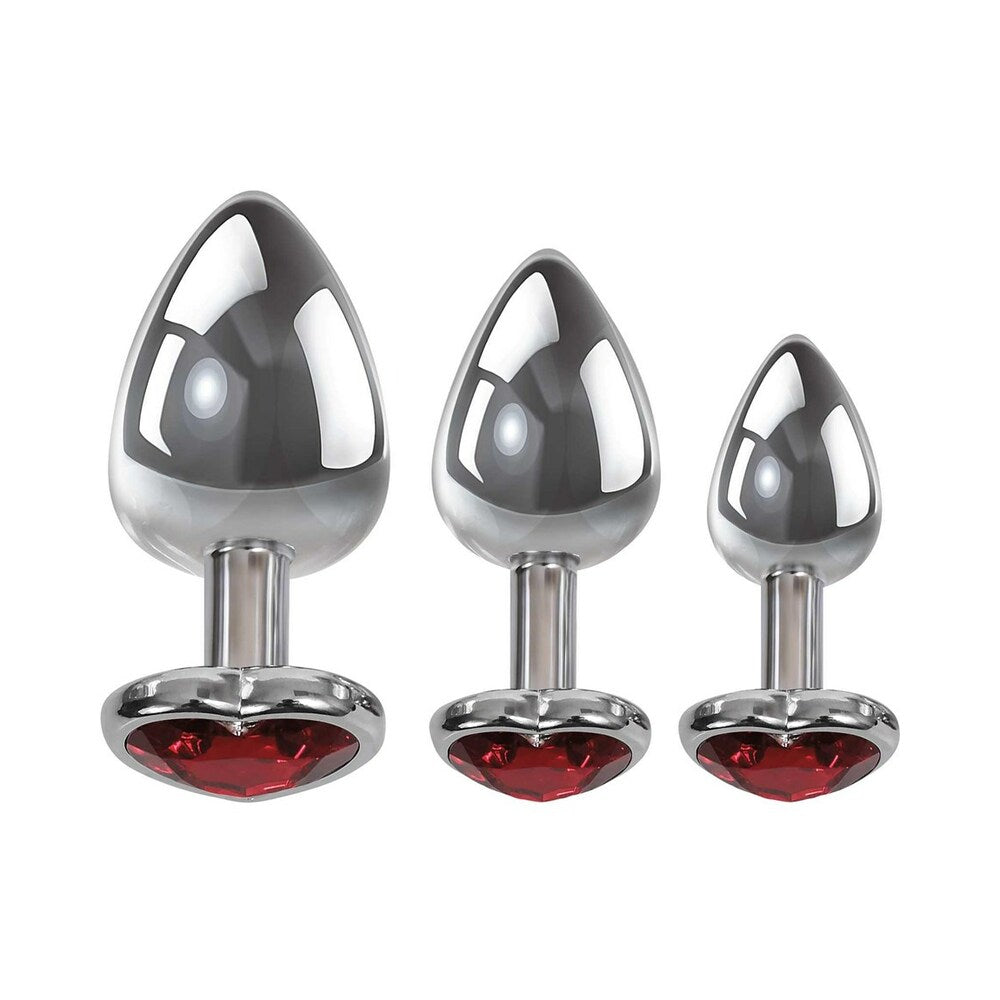 Adam & Eve Three Hearts Gem Anal Plug Set with polished metal plugs and heart-shaped jewel bases for elegant stimulation.