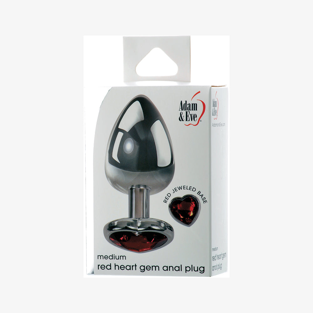 Adam & Eve Red Hearts Gem Anal Plug Medium packaging with red gem base and smooth aluminum finish.