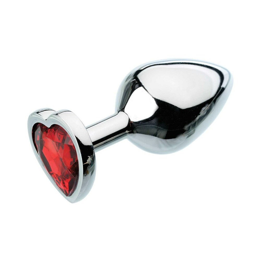 Adam & Eve Red Hearts Gem Anal Plug Medium with polished aluminum finish and red heart gem base.
