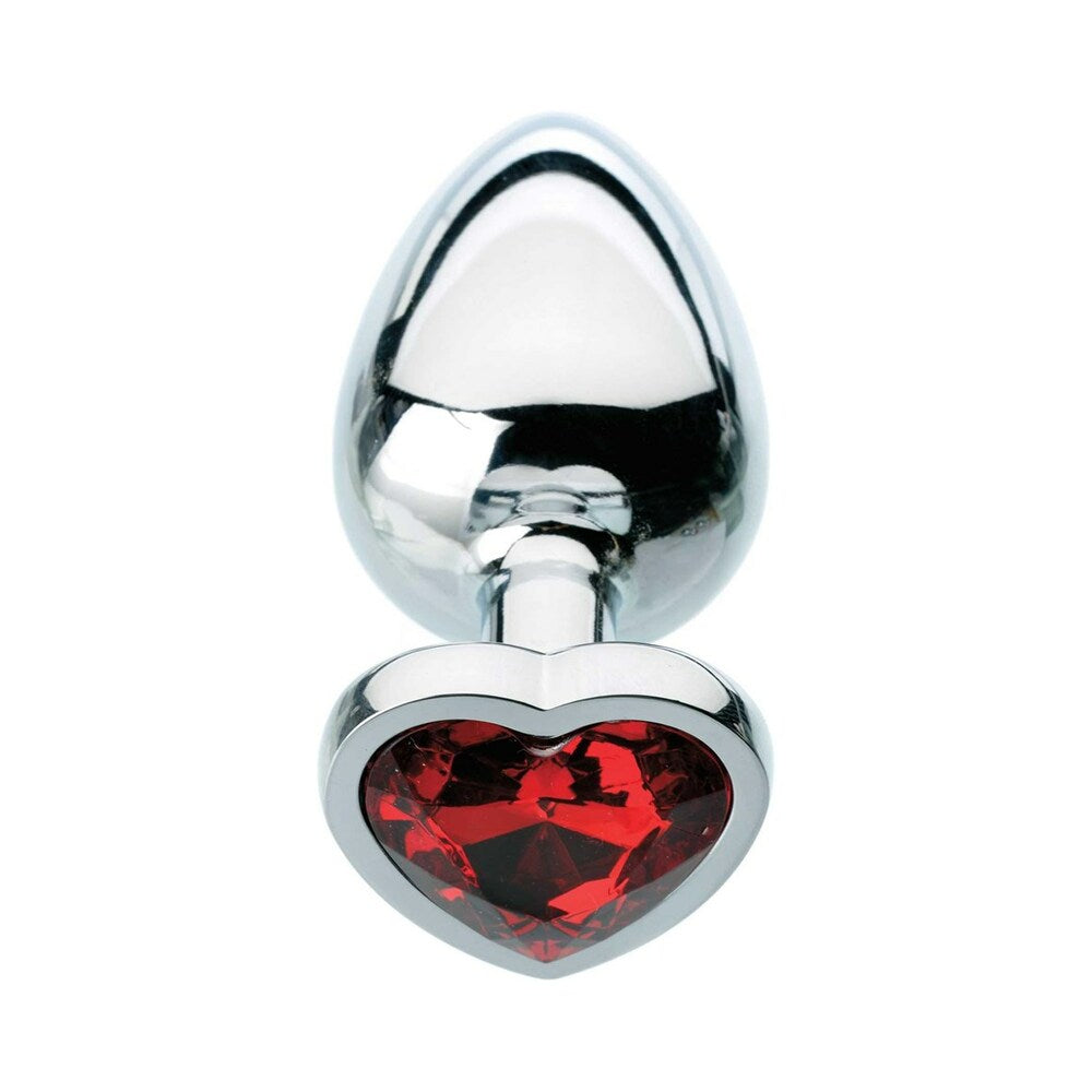 Adam & Eve Red Hearts Gem Anal Plug Medium with polished aluminum finish and red heart gem base.